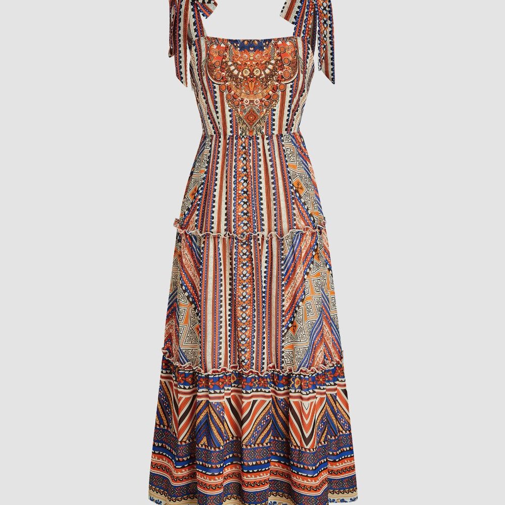 Cider square neck bowknot paisley lettuce trim midi dress